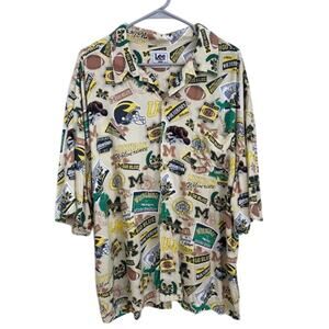 Vintage Lee Sport Hawaiian Shirt Mens 2XL Beige U of M Button Down T-Shirt